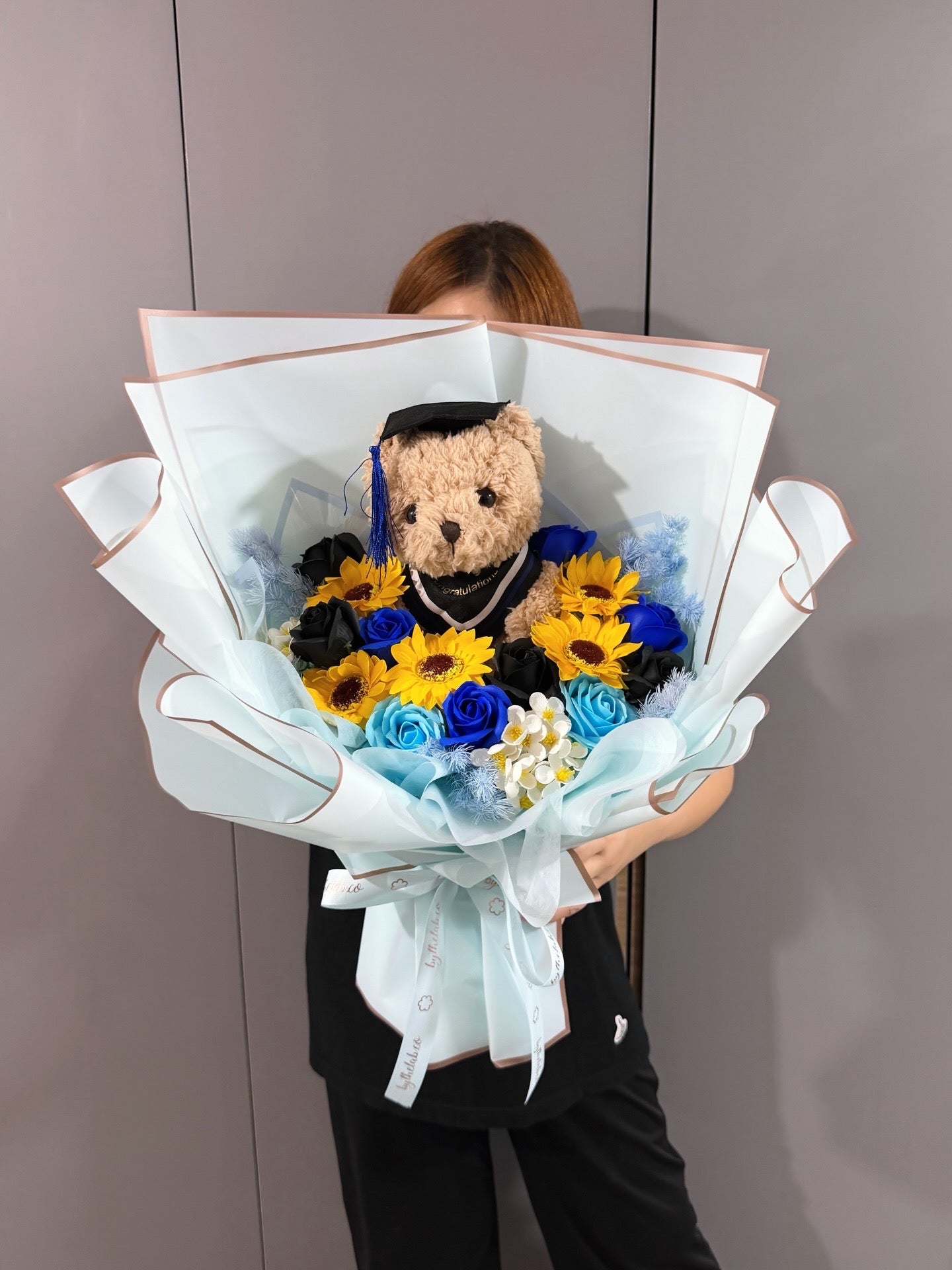 PROMO : Large Graduation Bear with Soap Sunflower and Roses Bouquet - Baby Blue