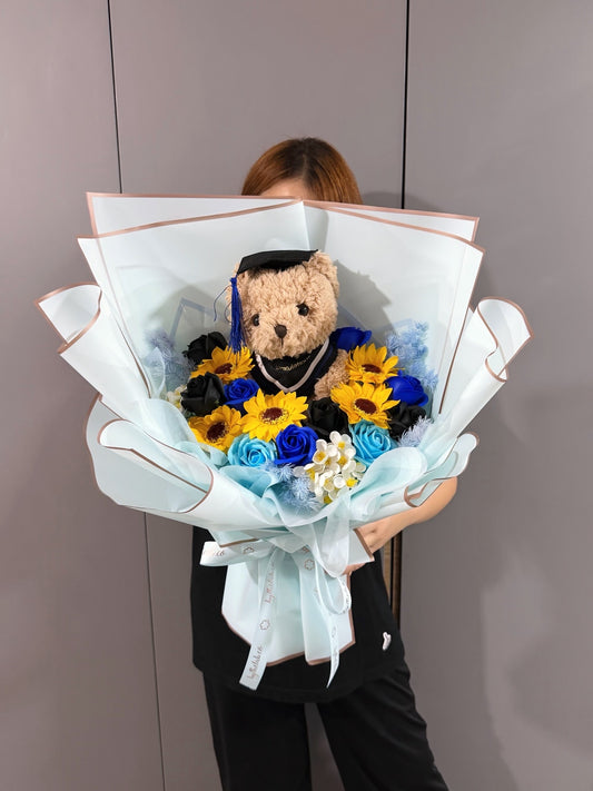 PROMO : Large Graduation Bear with Soap Sunflower and Roses Bouquet - Baby Blue