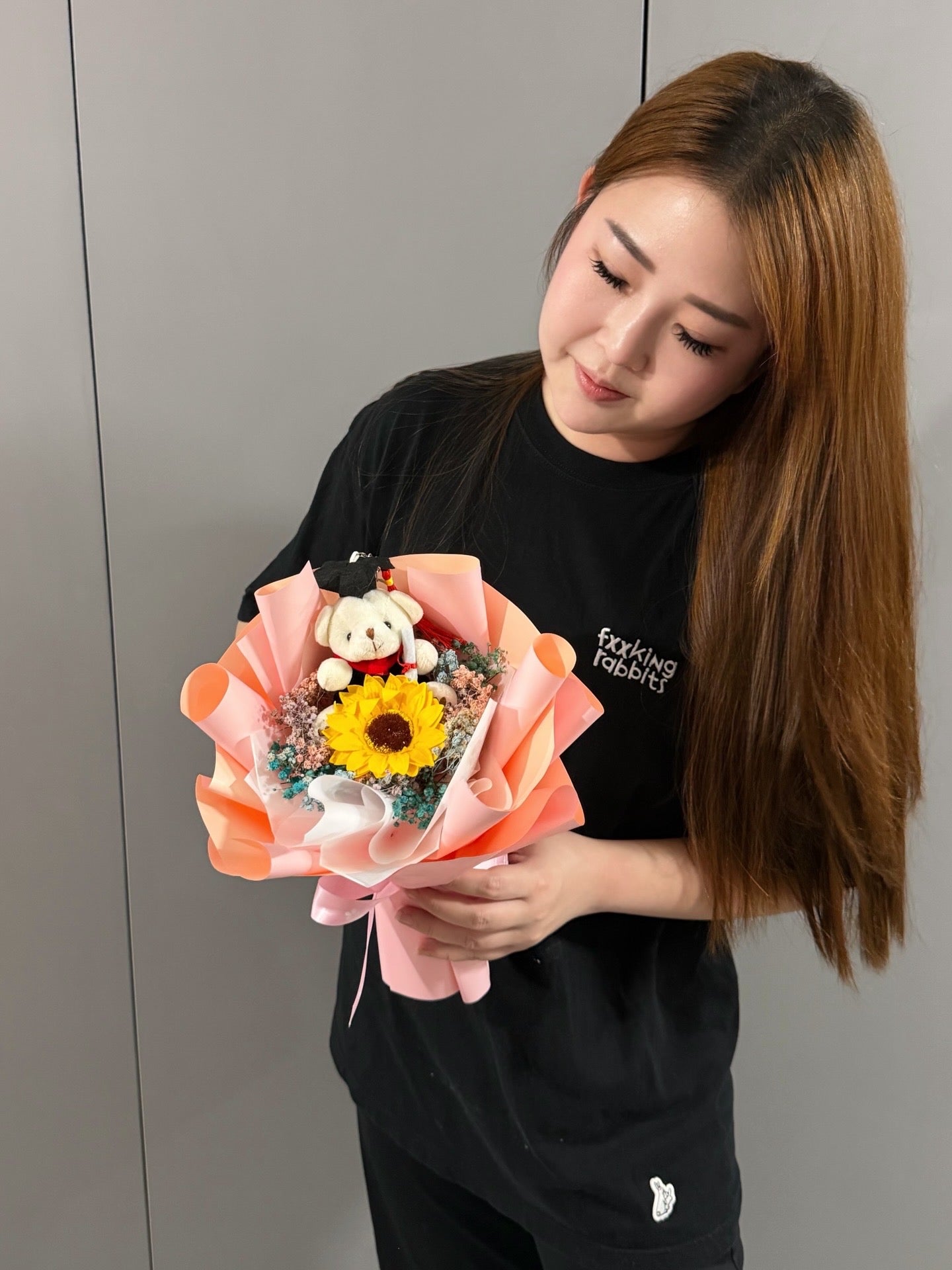 PROMO : Graduation Bear Single Stalk Soap Sunflower Bouquet with Dried Babybreath