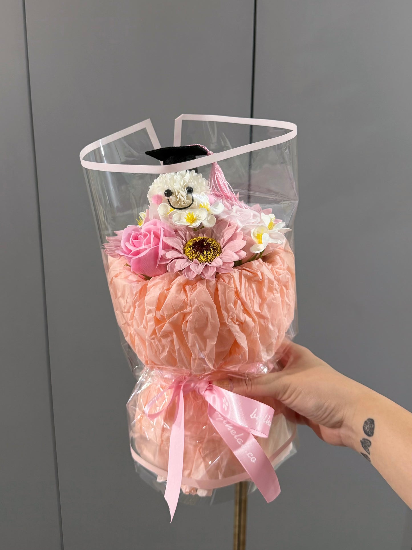PROMO : Graduation Character in Dainty Puffy Soap Sunflower and Roses Bouquet
