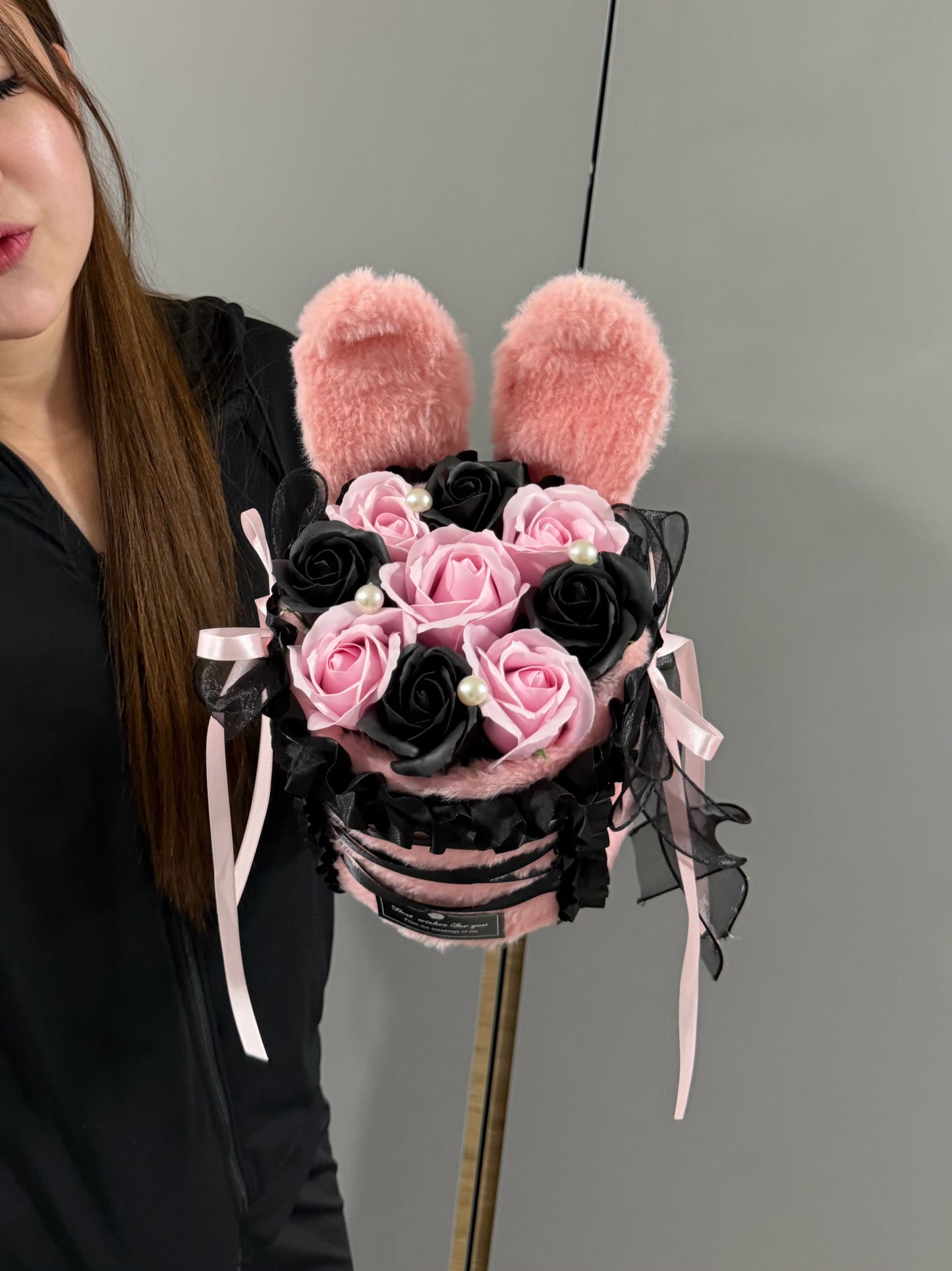 Bunny Ribbon Soap Roses Box in Black Pink