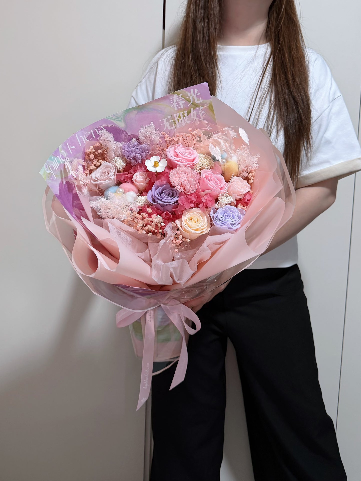 Large Preserved Roses & Carnation Flower Bouquet - Blossom Spring