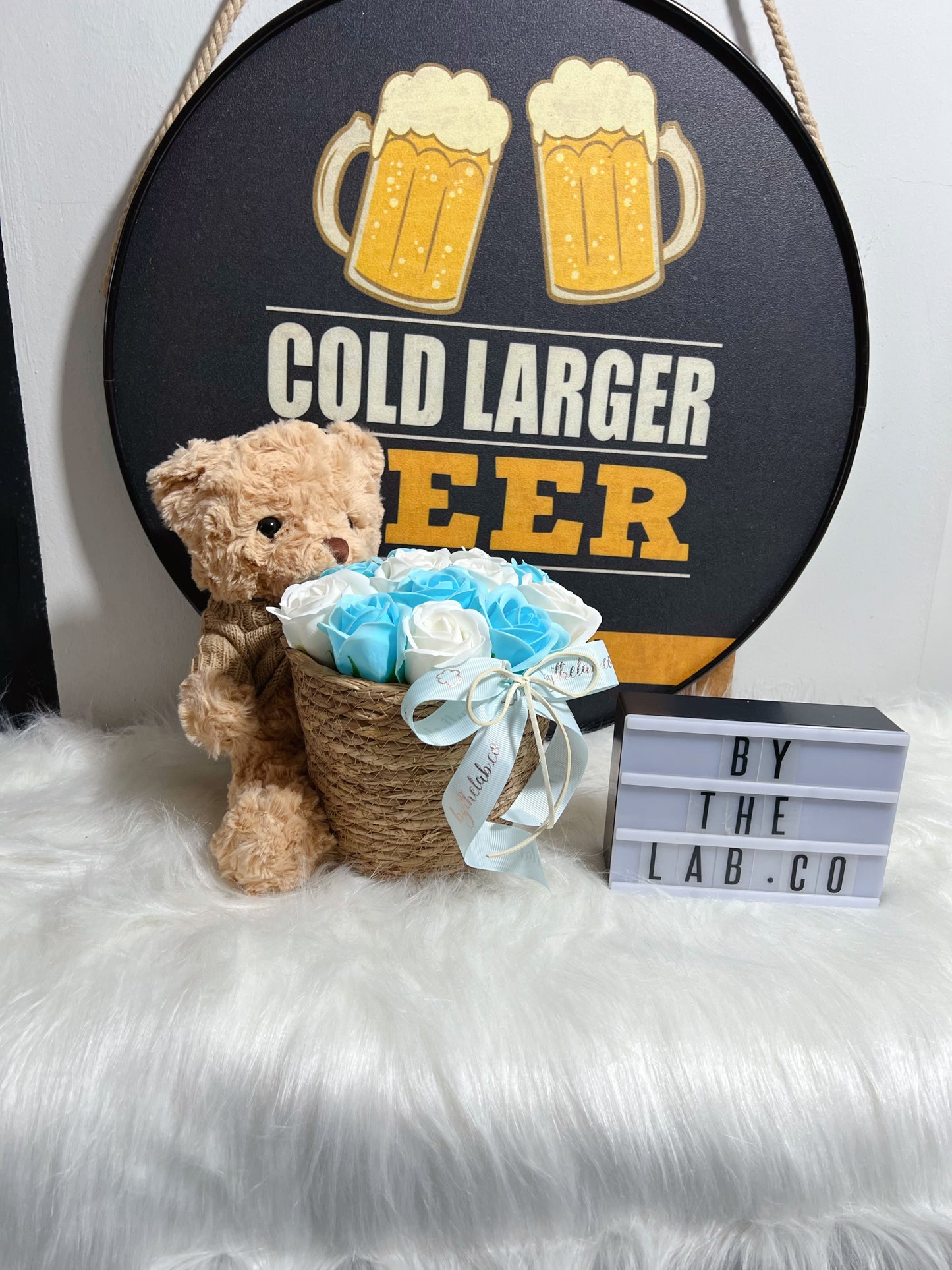 Small Teddy Bear in Basket in Heart Soap Roses