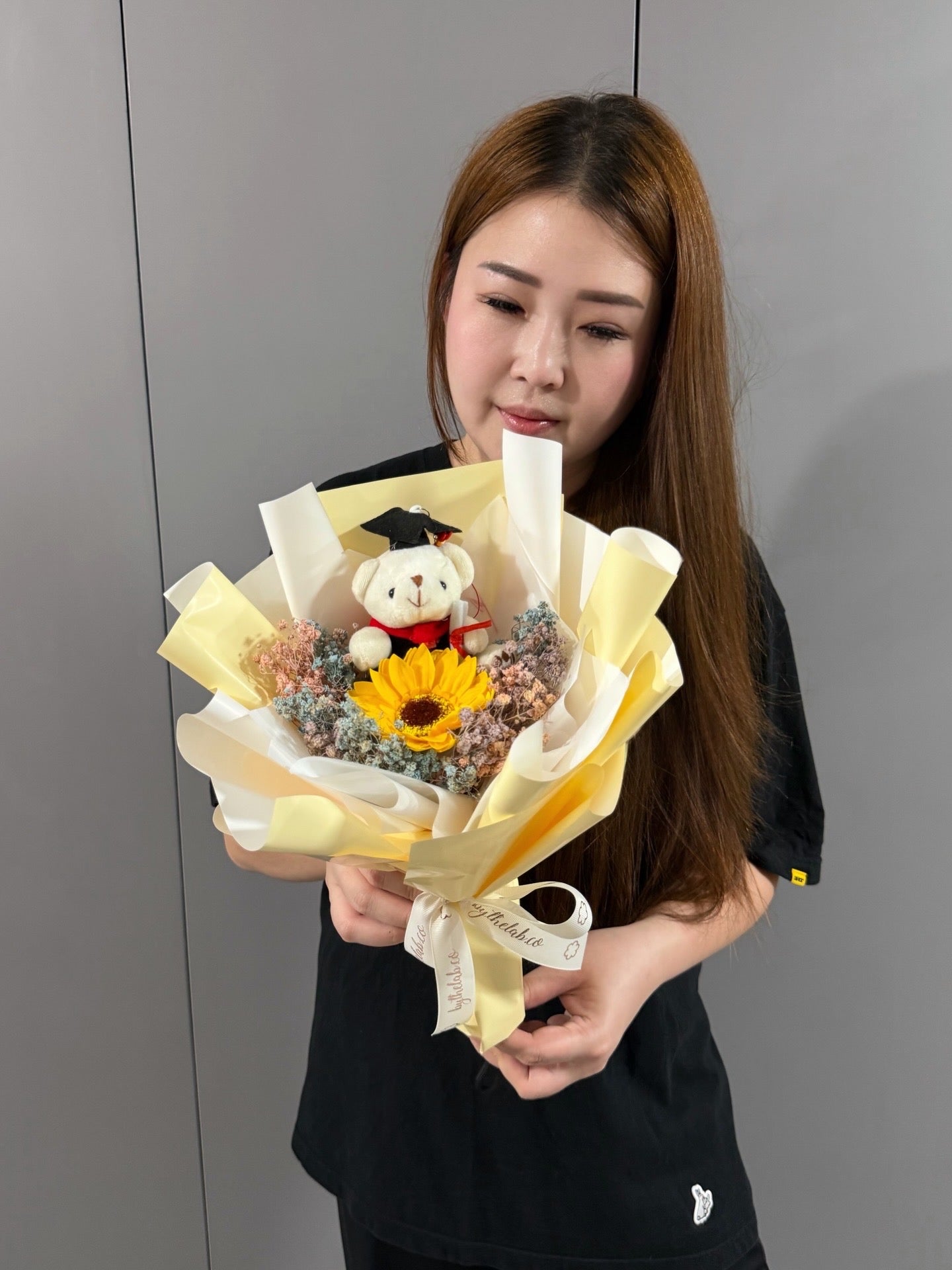 PROMO : Graduation Bear Single Stalk Soap Sunflower Bouquet with Dried Babybreath
