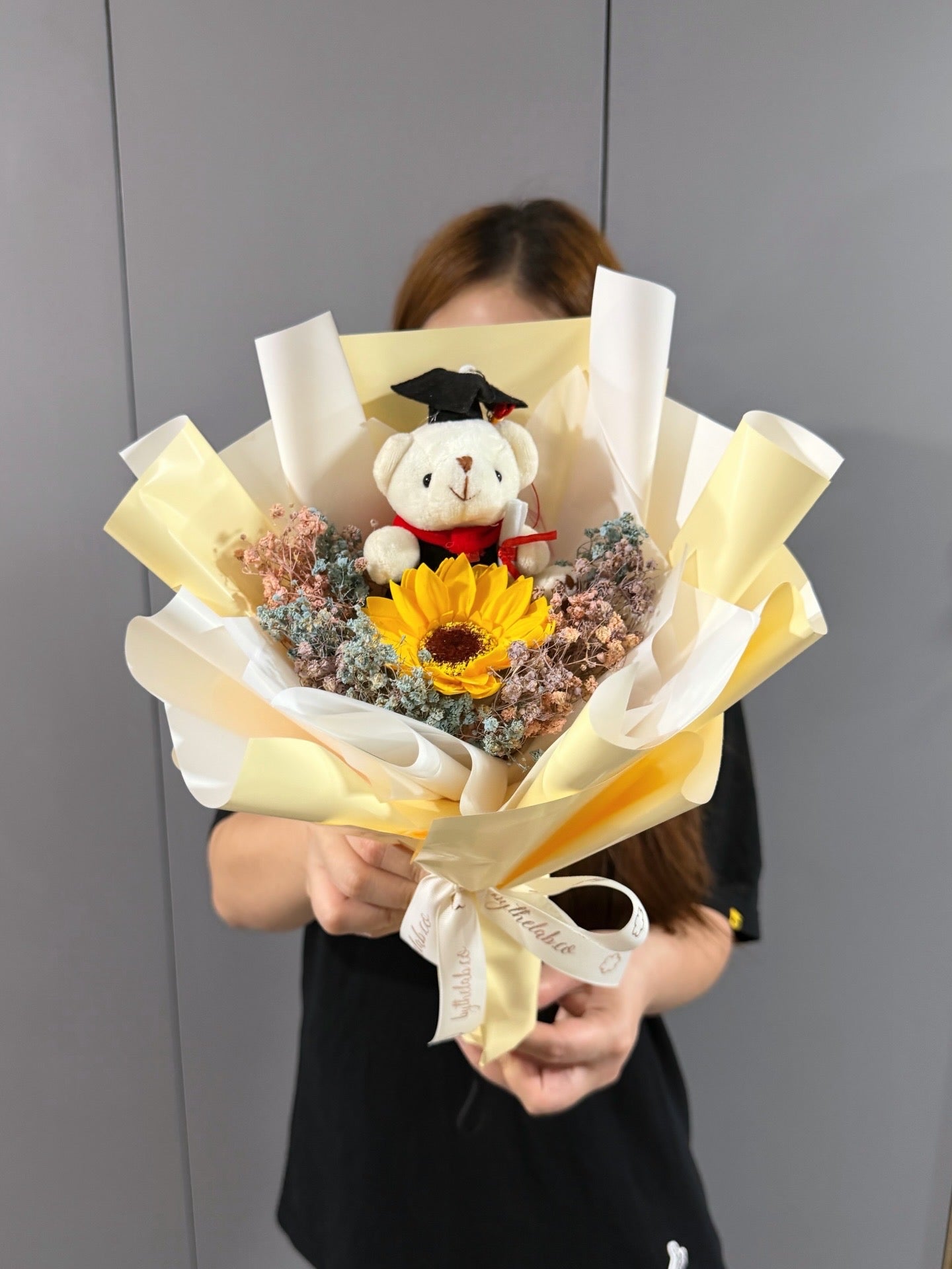 PROMO : Graduation Bear Single Stalk Soap Sunflower Bouquet with Dried Babybreath