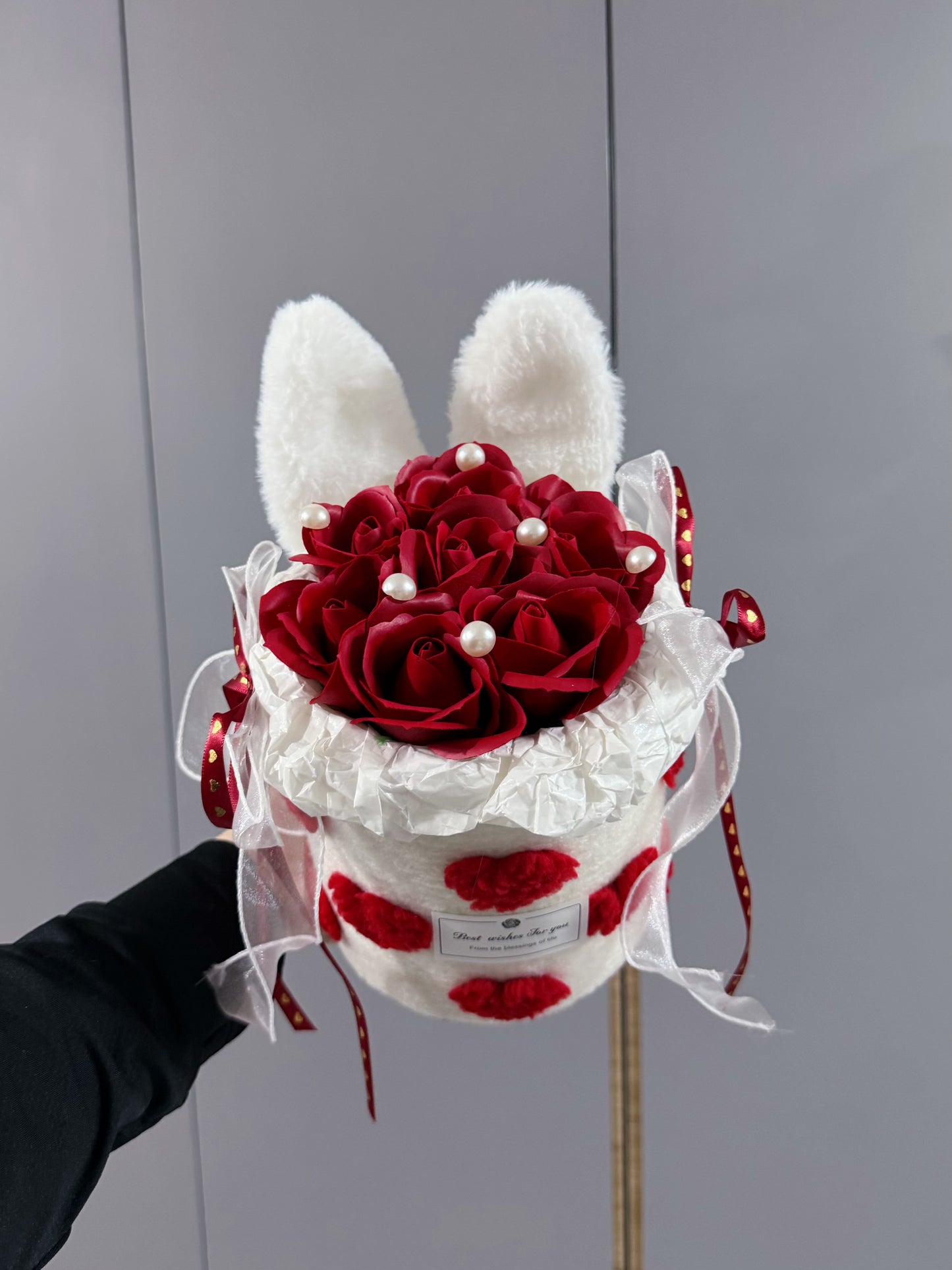 Bunny Ribbon Soap Roses Box in Pearly Red