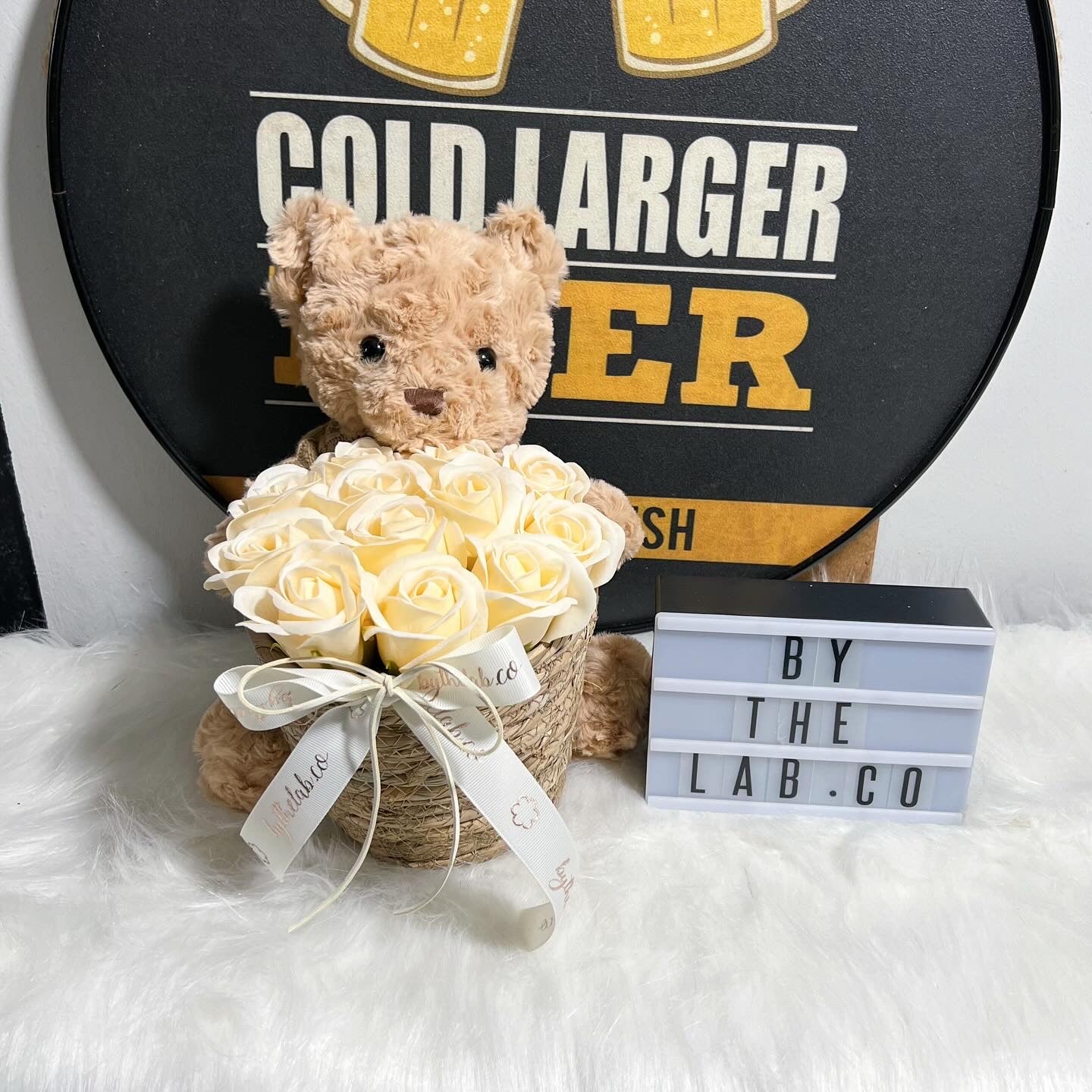 Small Teddy Bear in Basket in Heart Soap Roses