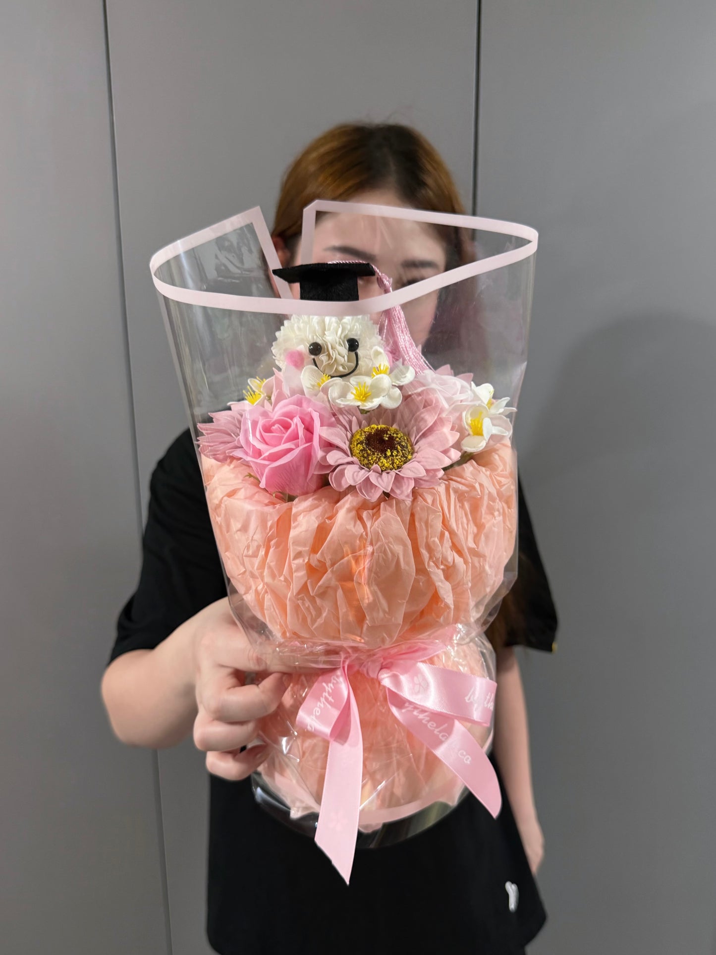 PROMO : Graduation Character in Dainty Puffy Soap Sunflower and Roses Bouquet