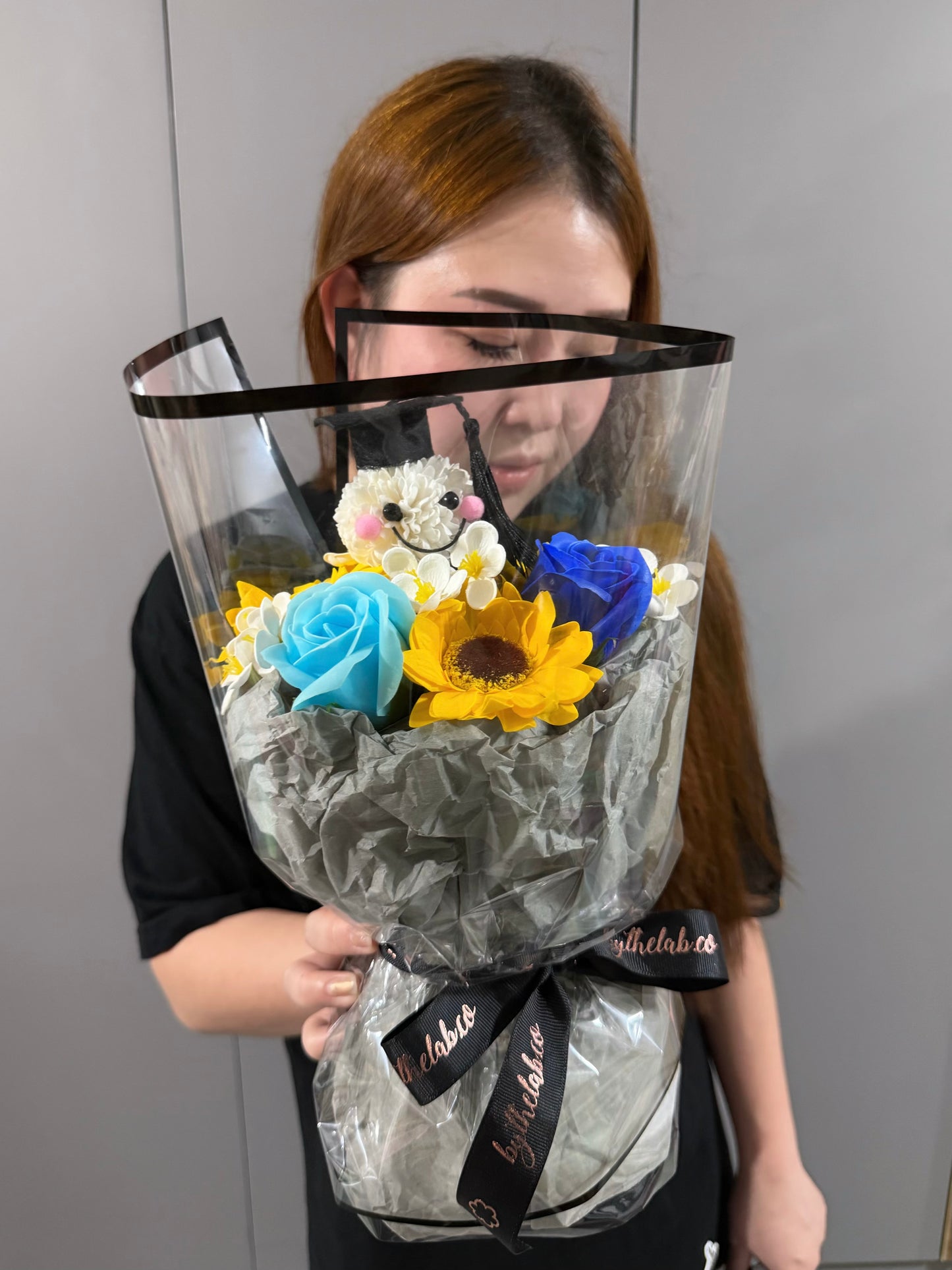 PROMO : Graduation Character in Dainty Puffy Soap Sunflower and Roses Bouquet