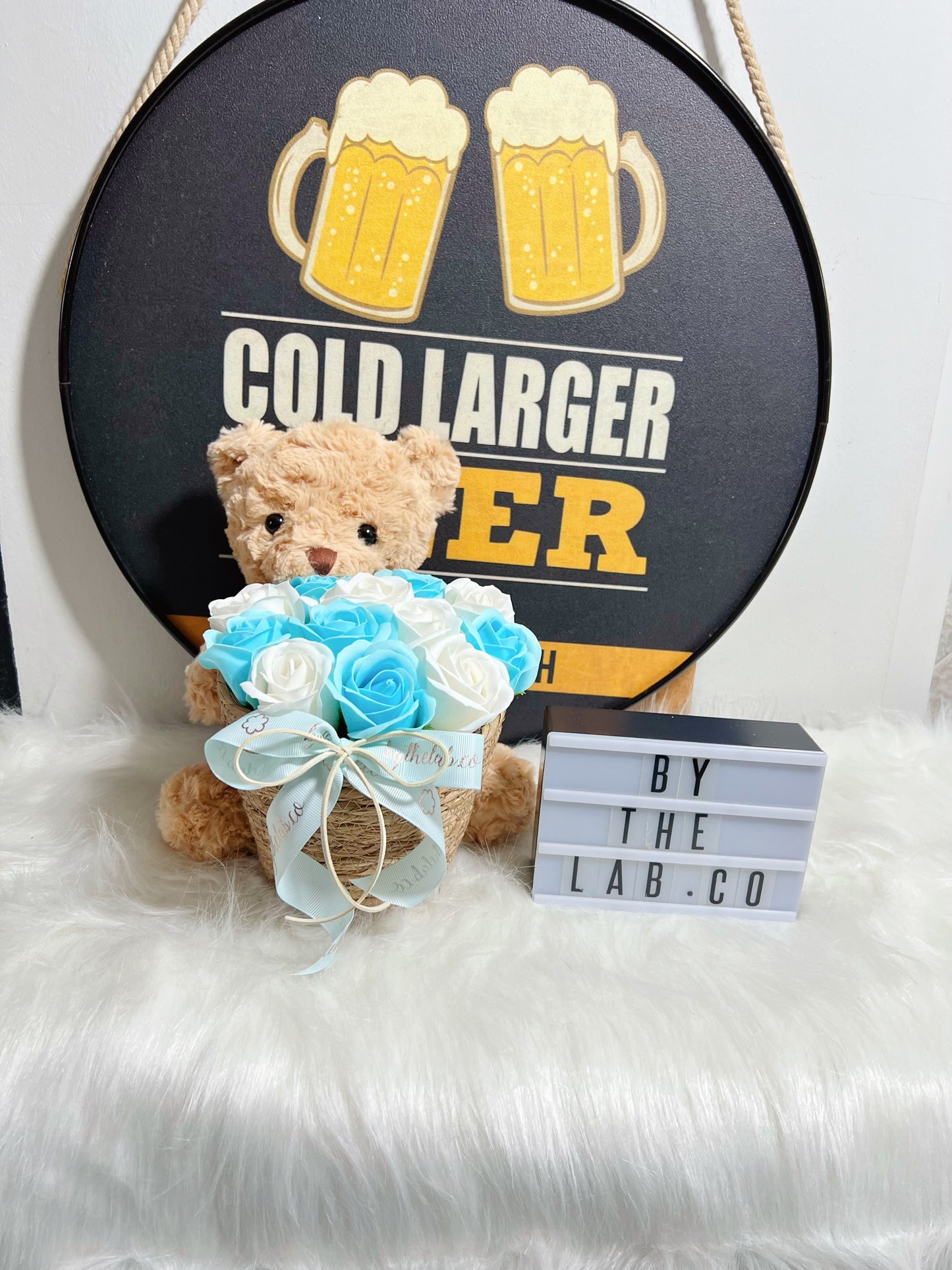 Small Teddy Bear in Basket in Heart Soap Roses