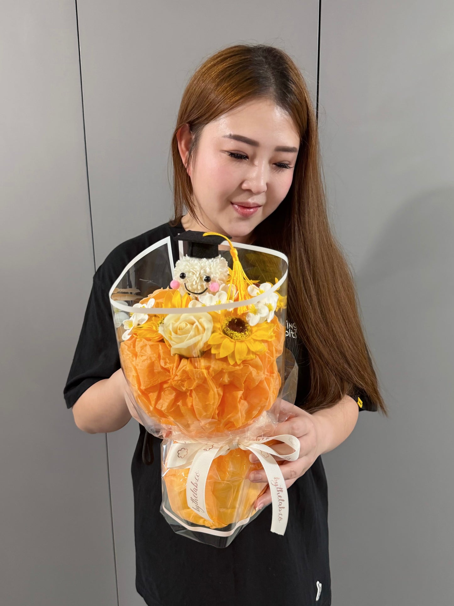 PROMO : Graduation Character in Dainty Puffy Soap Sunflower and Roses Bouquet