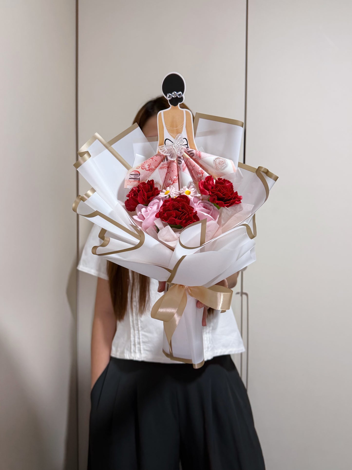 (Avail! Whatsapp To Order) Enchanted Gown Money Cash Bouquet with Carnation and Roses Soap Flowers!