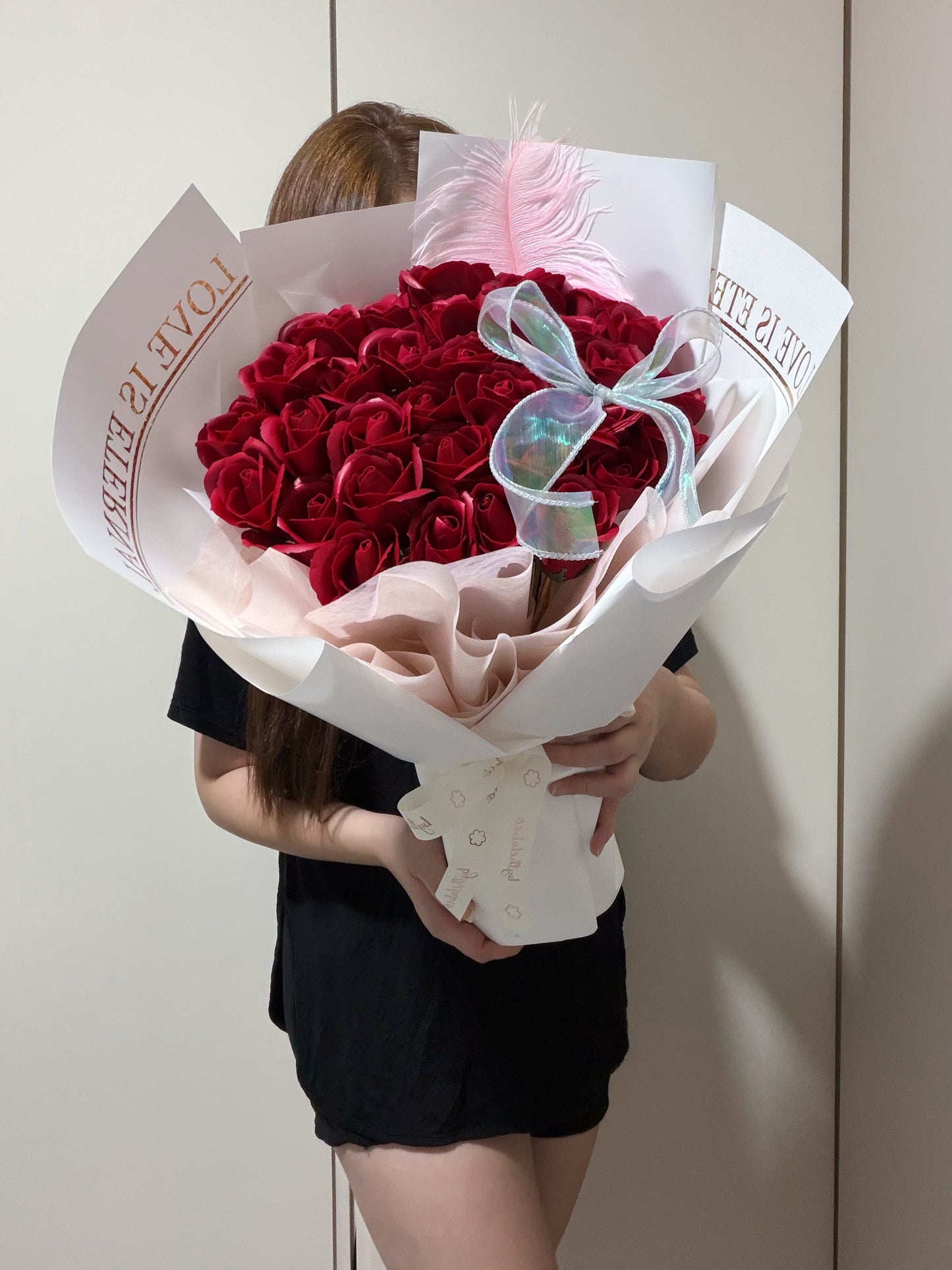 Feathery Love is Eternal 33 Stalks Red Soap Roses Bouquet in White