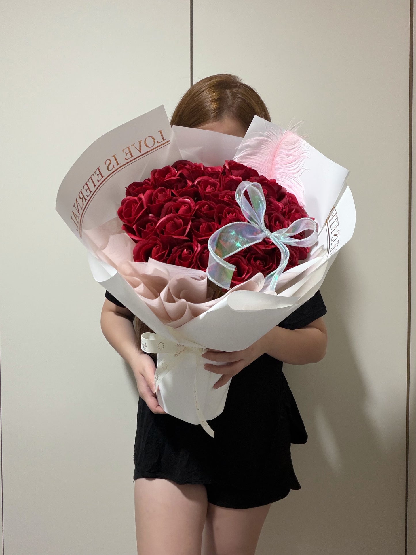 Feathery Love is Eternal 33 Stalks Red Soap Roses Bouquet in White