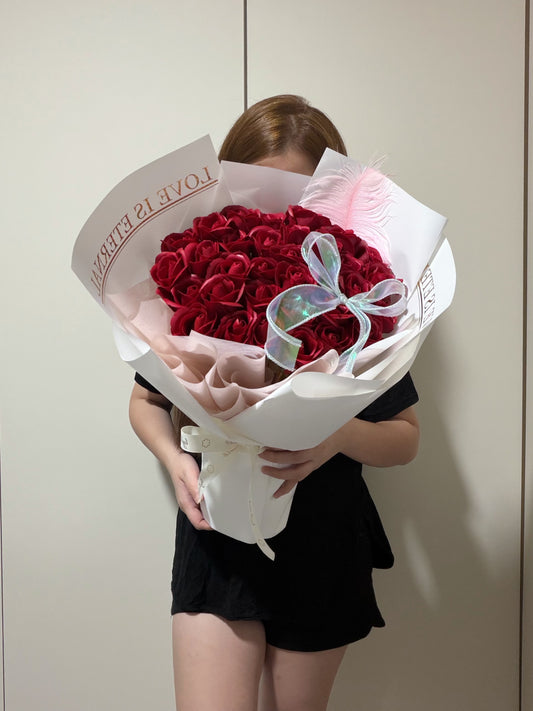 Feathery Love is Eternal 33 Stalks Red Soap Roses Bouquet in White