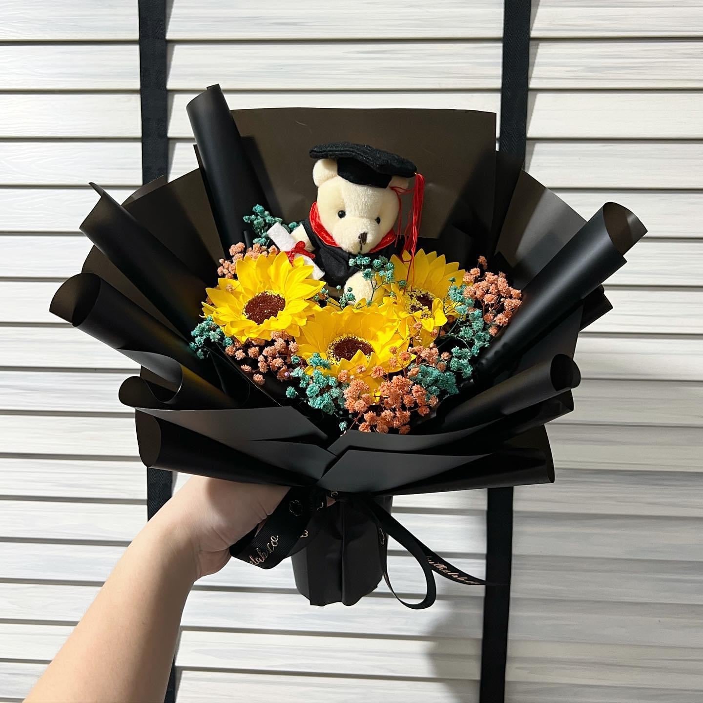 Graduation Bear with 3 Stalks Soap Sunflower and Baby breath Bouquet