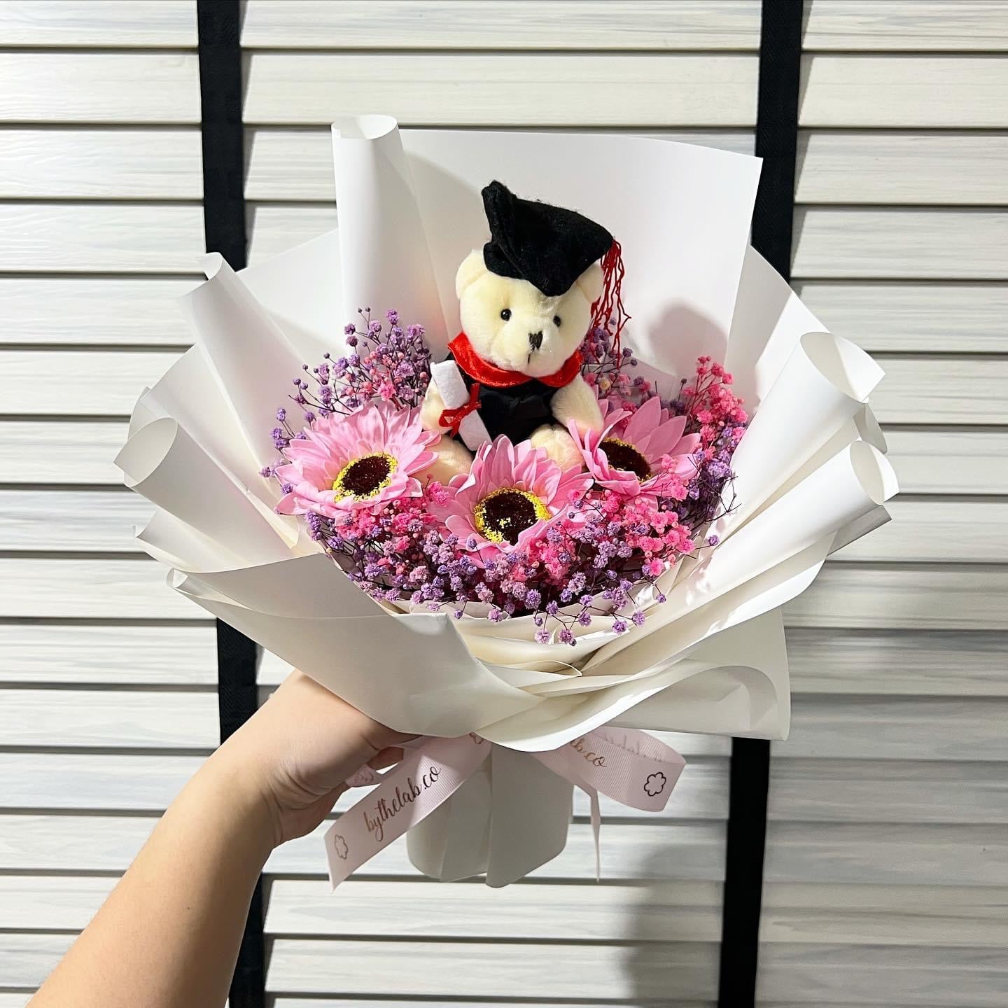 Graduation Bear with 3 Stalks Soap Sunflower and Baby breath Bouquet