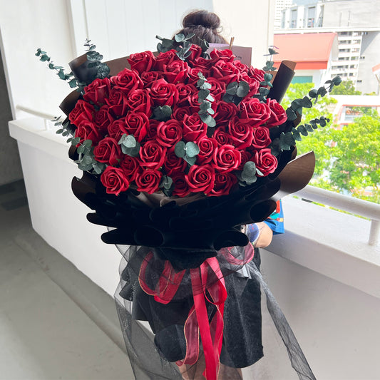 52 Stalks Soap Roses in Red with Eucalyptus